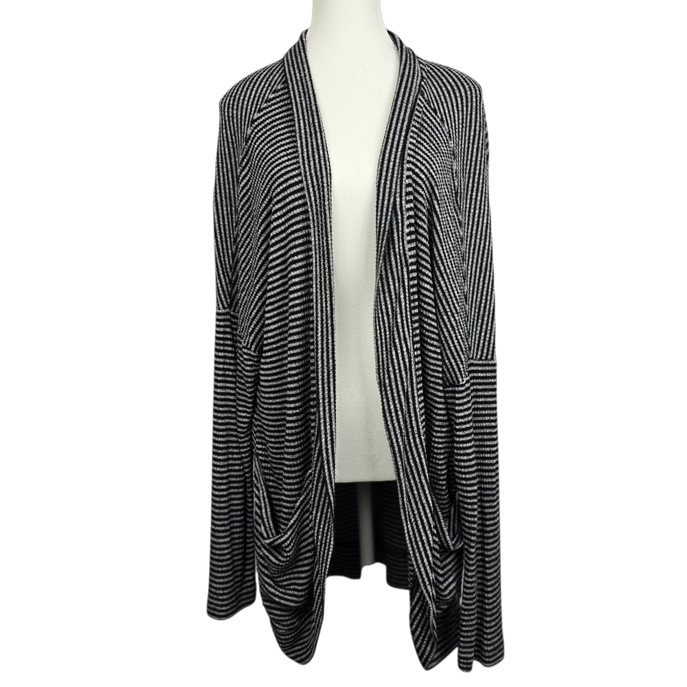 Black White Striped Open Knit Cardigan Sweater With Pockets Lightweight